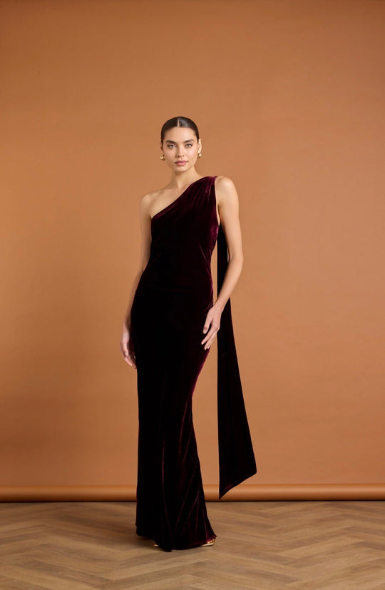 Cressida Velvet Asymmetric Dress - Burgundy - 6 / Burgundy