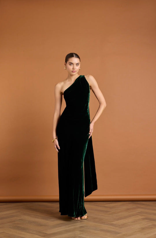 Cressida Velvet Asymmetric Dress - Emerald Velvet - 6 / Emerald