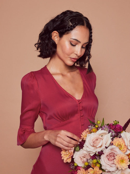 Daphne Satin V Neck Dress - Burgundy - Maids to Measure