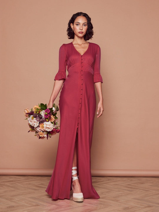 Daphne Satin V Neck Dress - Burgundy - 6 / Burgundy