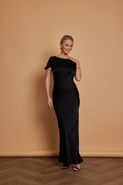 Eadie Satin Cowl Back Dress - Black - Maids to Measure