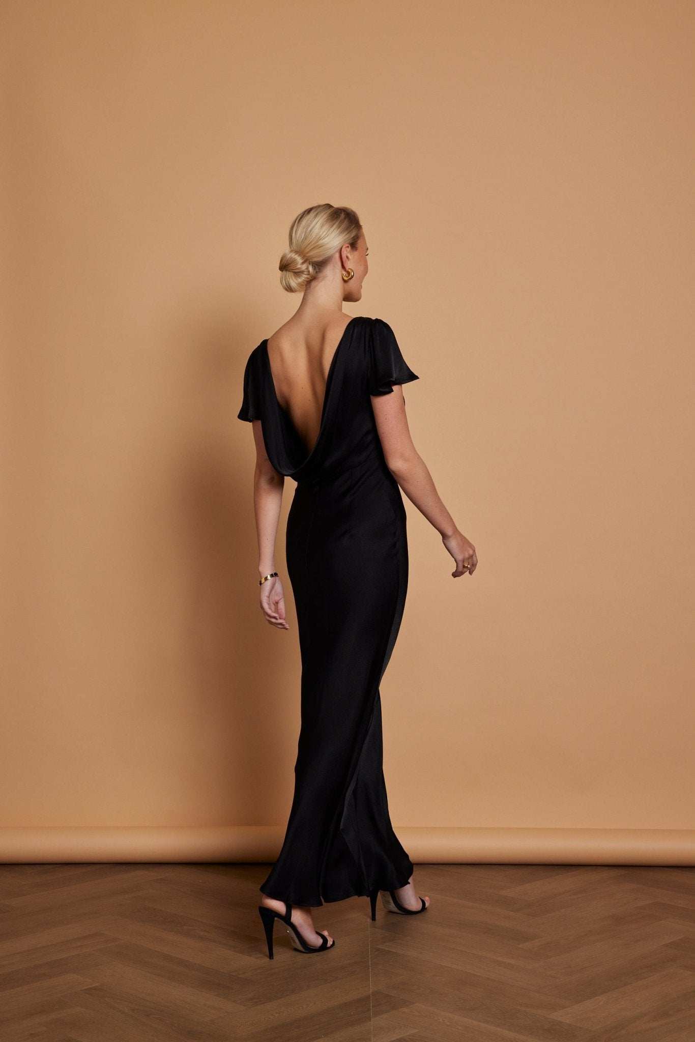 Eadie Satin Cowl Back Dress - Black - Maids to Measure