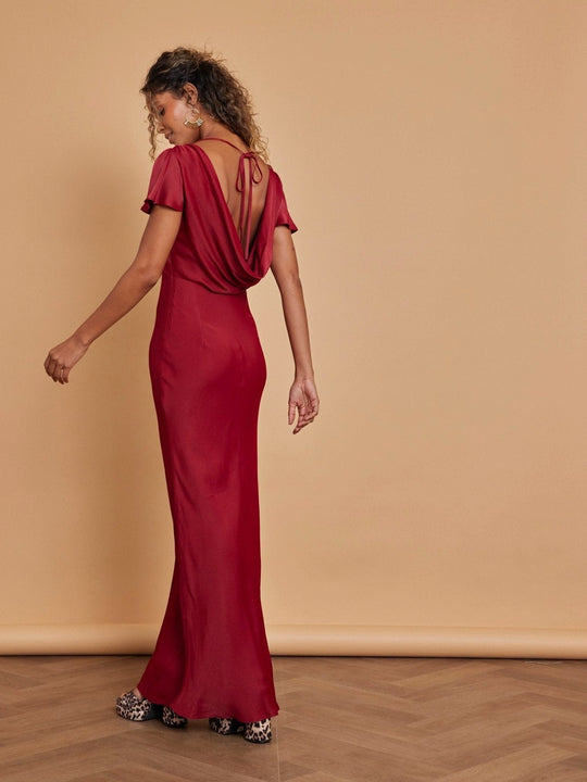 Eadie Satin Cowl Back Dress - Burgundy - Maids to Measure