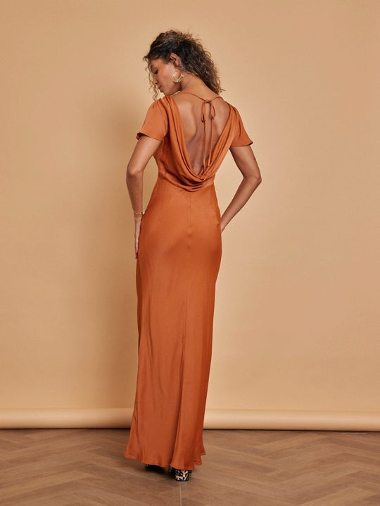 Eadie Satin Cowl Back Dress - Burnt Orange - Maids to Measure