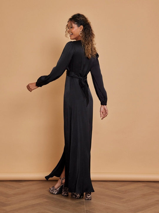 Kitty Satin V Neck Dress - Black - Maids to Measure