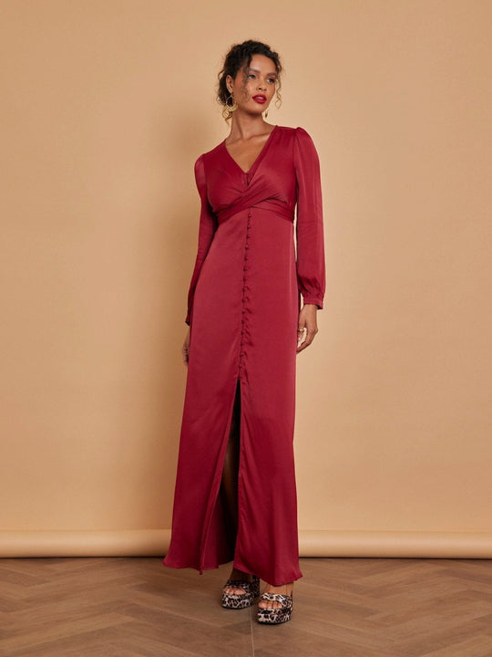 Kitty Satin V Neck Bridesmaid Dress - Burgundy - 8 / Burgundy