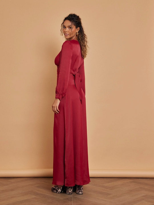 Kitty Satin V Neck Dress - Burgundy Red - Maids to Measure
