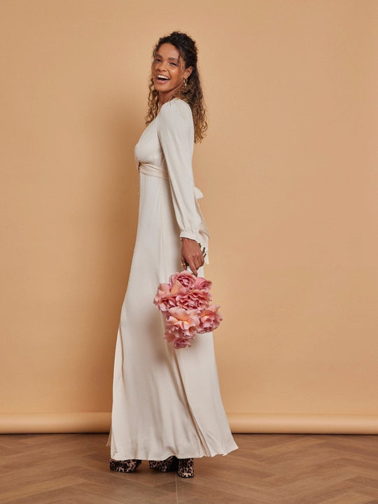 Kitty Satin V Neck Dress - Champagne Ivory - Maids to Measure