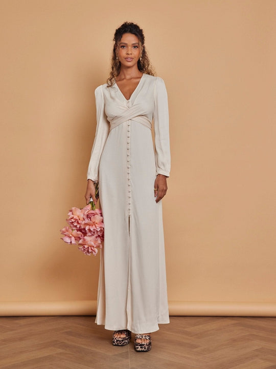 Kitty Satin V Neck Bridesmaid Dress - Champagne Ivory - 8 / Champagne Ivory