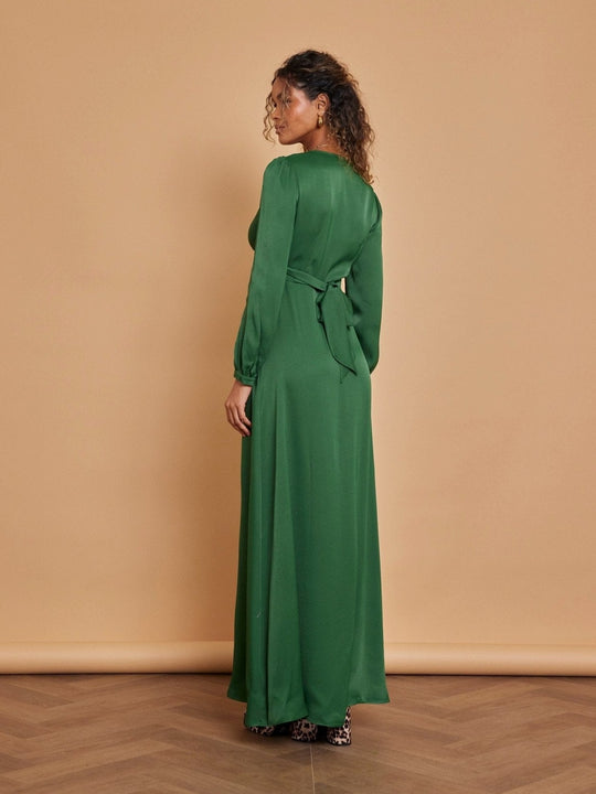 Kitty Satin V Neck Dress - Emerald Green - Maids to Measure