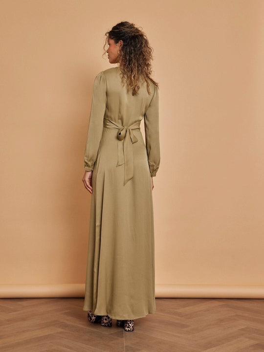Kitty Satin V Neck Dress - Olive Green - Maids to Measure