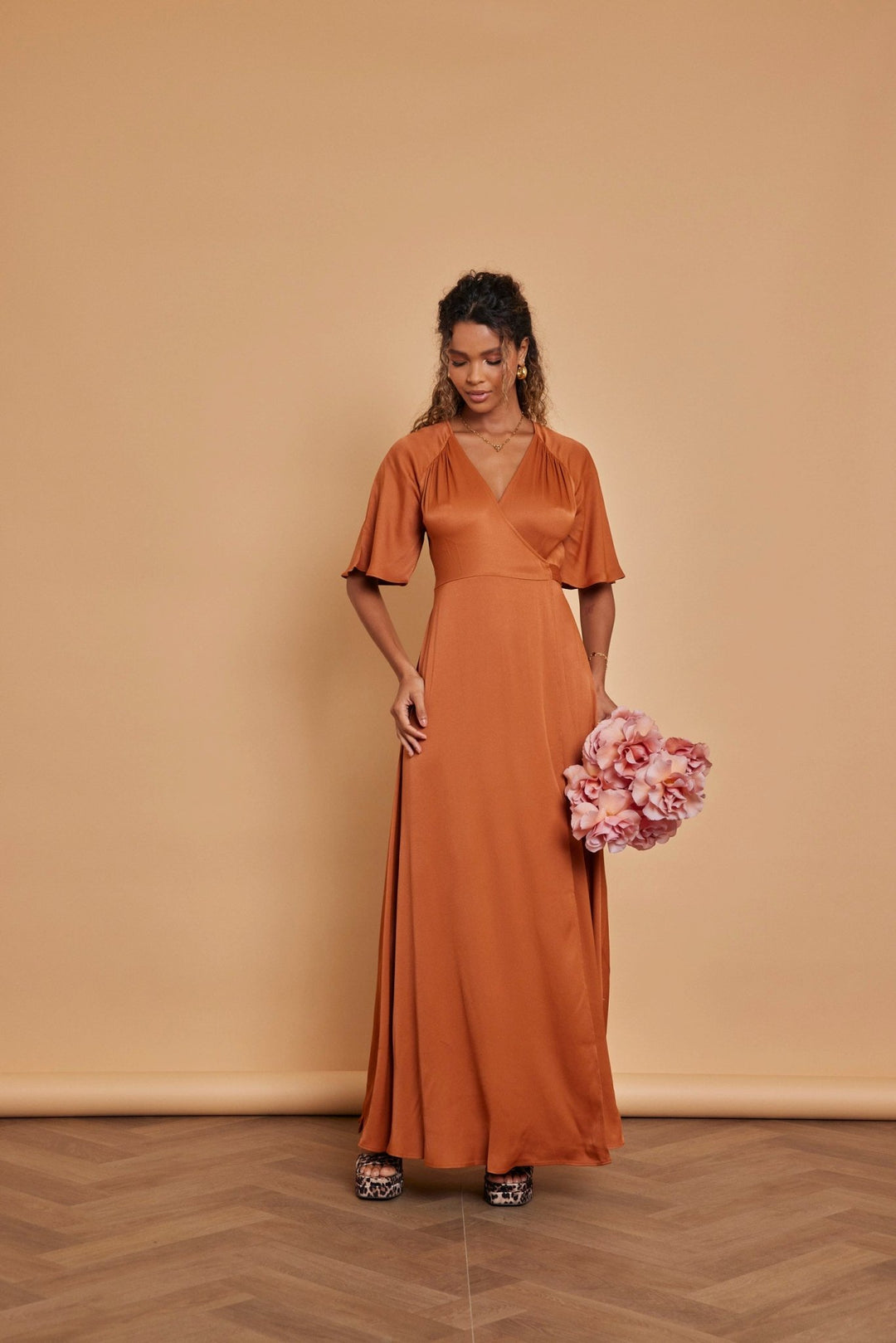Margot Satin Wrap Bridesmaid Dress Burnt Orange