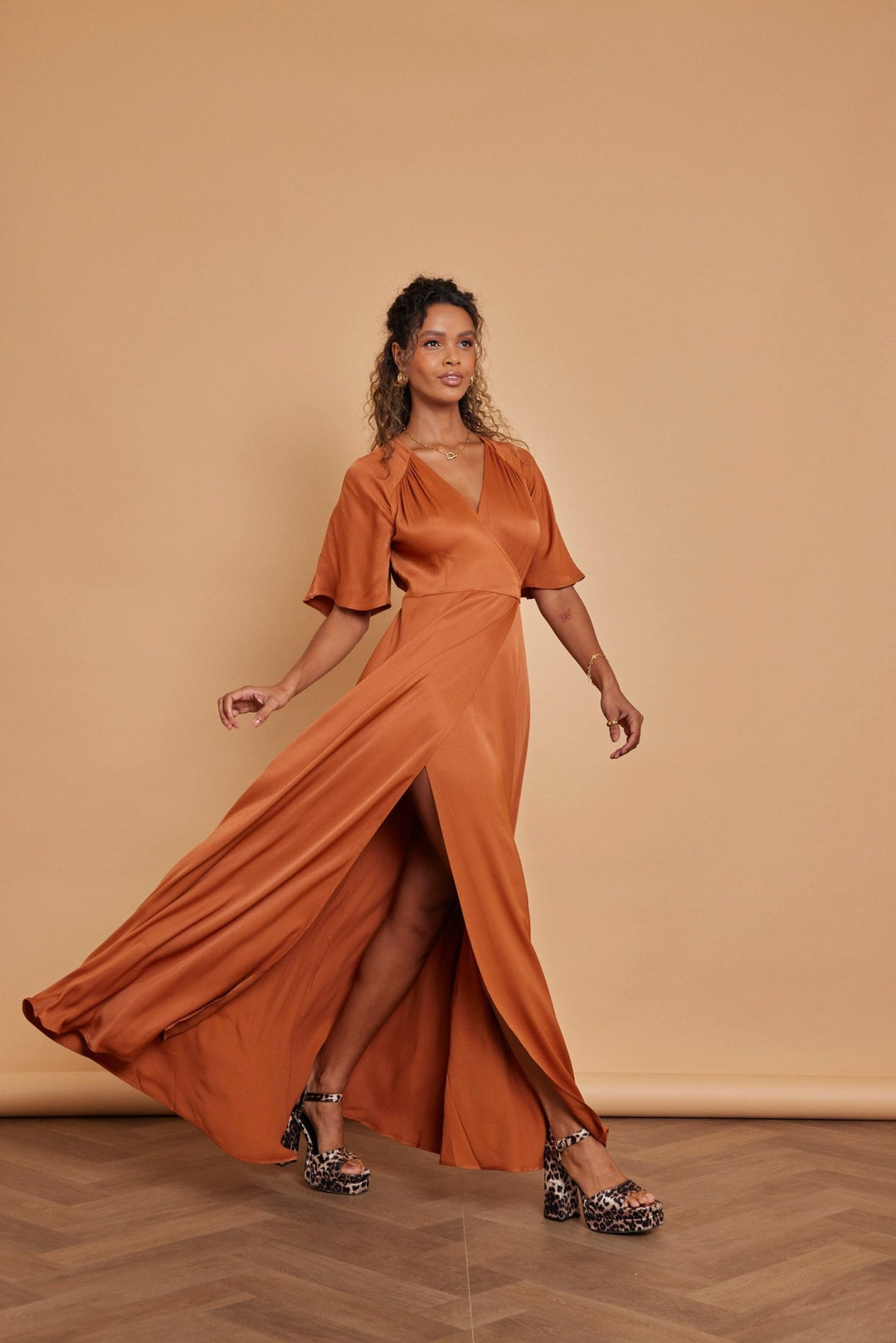 Margot Satin Wrap Bridesmaid Dress Burnt Orange