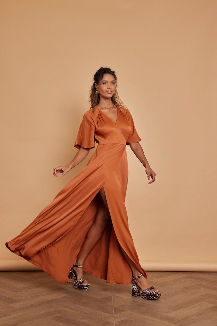 open lace back dress Burnt Orange Chiffon Short Sleeve V-Neck Wrap Pleated Bridesmaid Dress Change Color from Swatches / XXL / N16