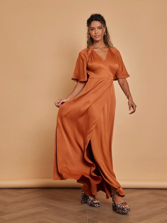 Margot Satin Wrap Bridesmaid Dress - Burnt Orange - 22 / Burnt Orange