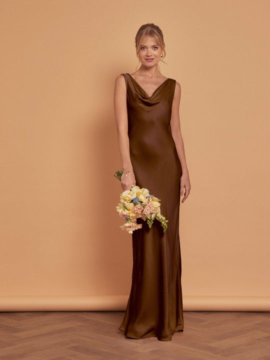 Pandy Satin Cowl Bridesmaid Dress - Chocolate Brown - 12 / Chocolate Brown