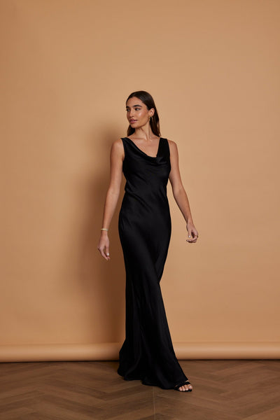 Pandy Satin Cowl Dress - Black - Maids to Measure