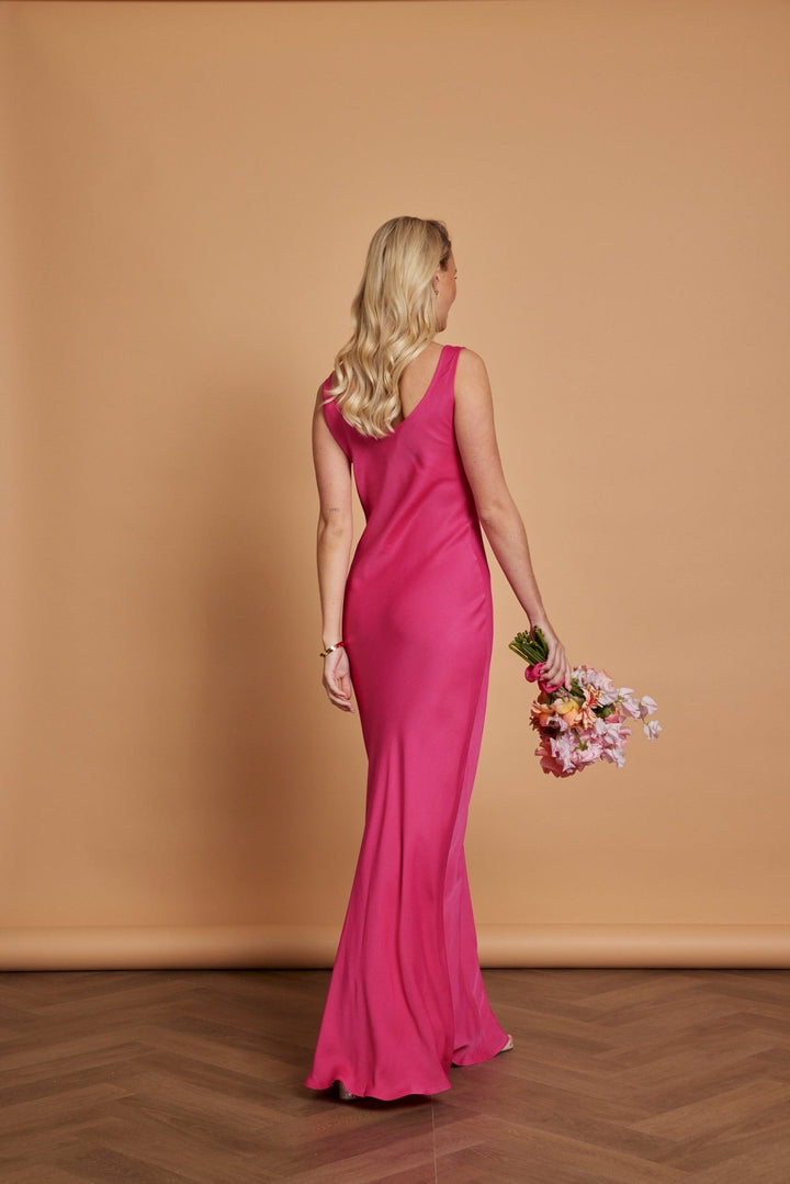 Pink satin cowl dress deals