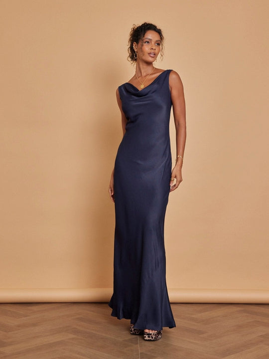 Pandy Satin Cowl Dress - Navy Blue - Maids to Measure