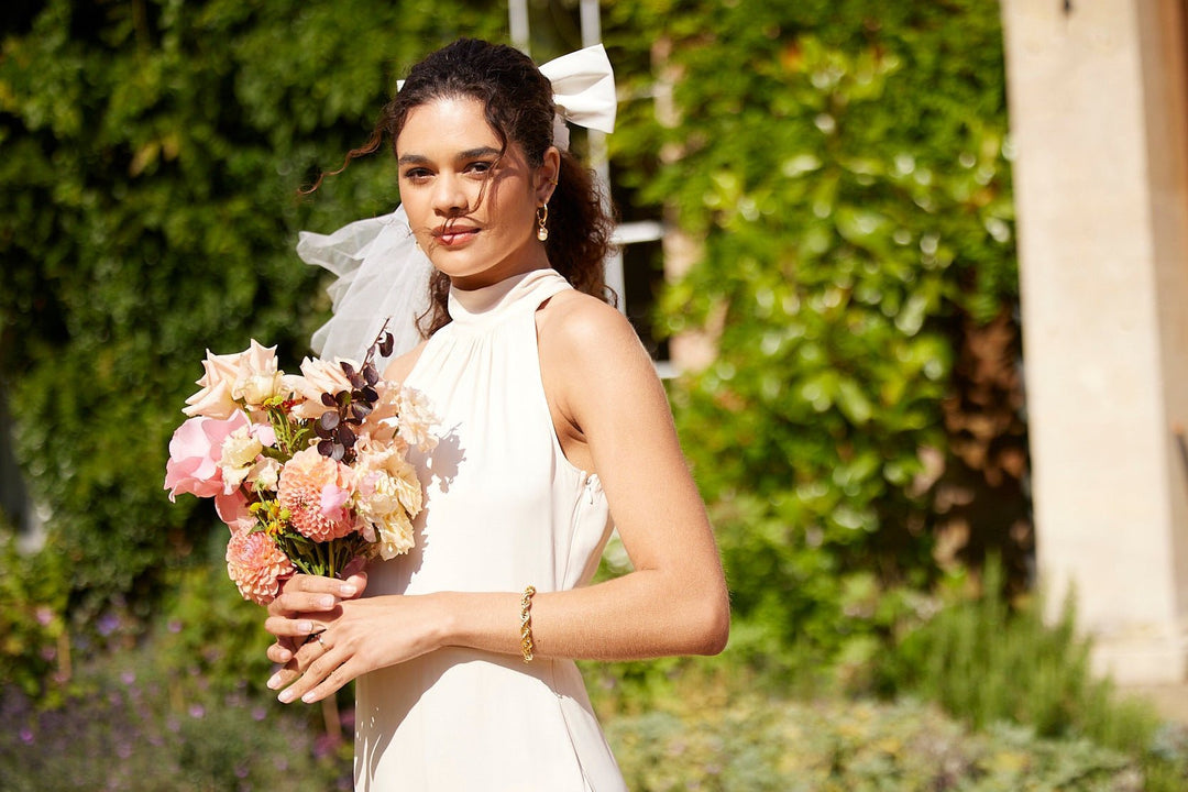 Tilly Satin High Neck Champagne Bridesmaid Dress