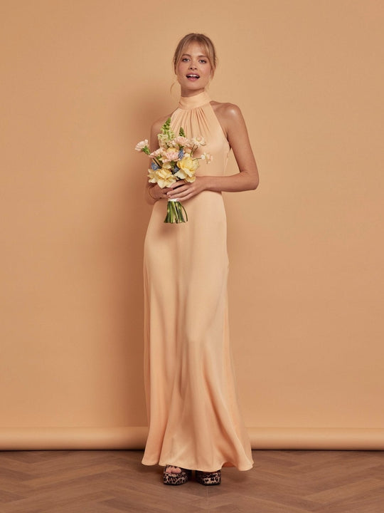 Tilly Satin High Neck Bridesmaid Dress - Peach - 8 / Peach