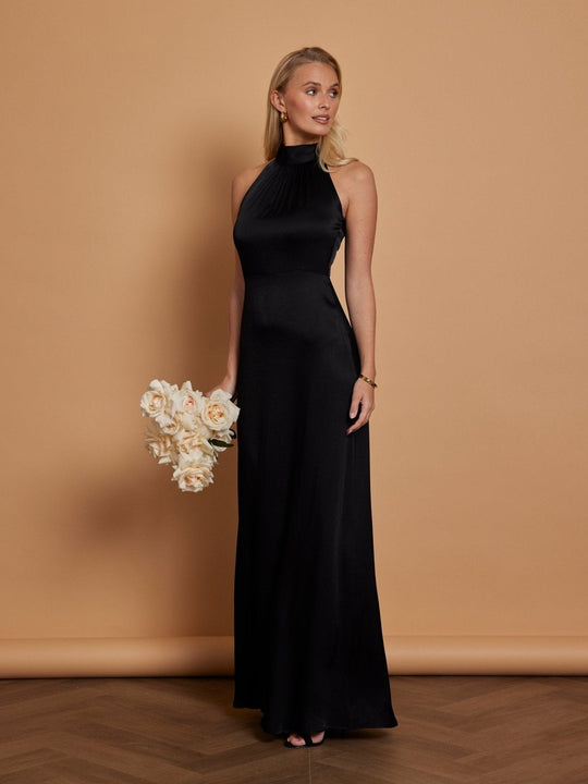 Tilly Satin High Neck Bridesmaid Dress - Black - 6 / Black
