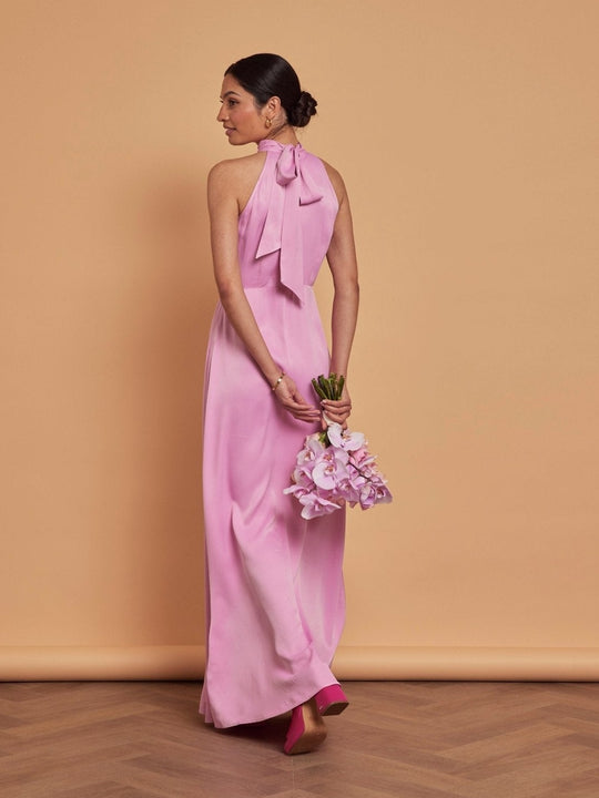 Tilly Satin High Neck Scarf Tie Halter Dress - Orchid Pink - Maids to Measure