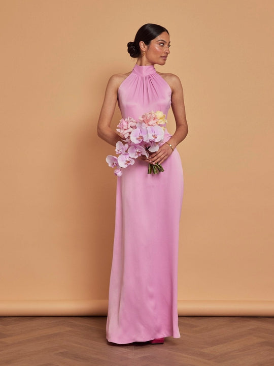 Tilly Satin High Neck Bridesmaid Dress - Orchid Pink - 18 / Orchid Pink