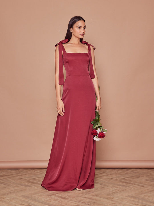 Allegra Satin Tie Shoulder Bridesmaid Dress - Burgundy - 6 / Burgundy
