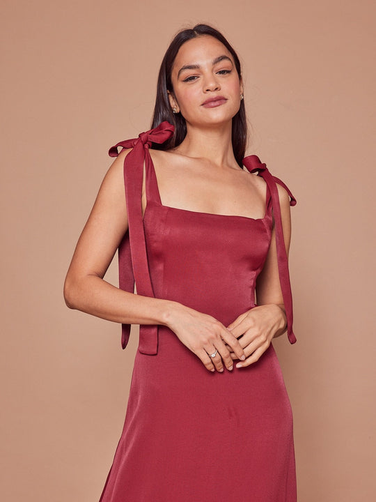 Allegra Satin Tie Shoulder Dress - Burgundy - Maids to Measure