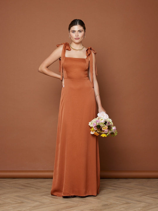 Allegra Satin Tie Shoulder Bridesmaid Dress - Burnt Orange - 8 / Burnt Orange
