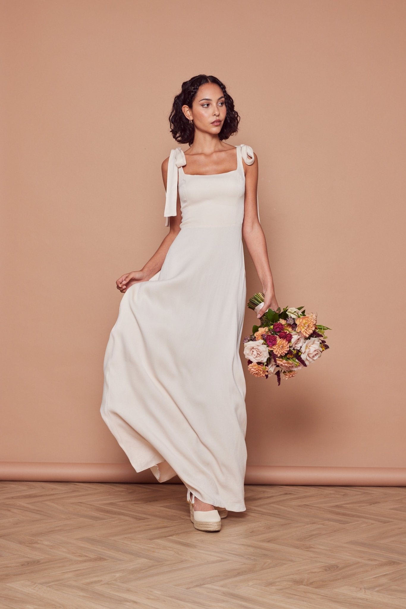 Allegra Satin Tie Shoulder Dress - Champagne Ivory - Maids to Measure