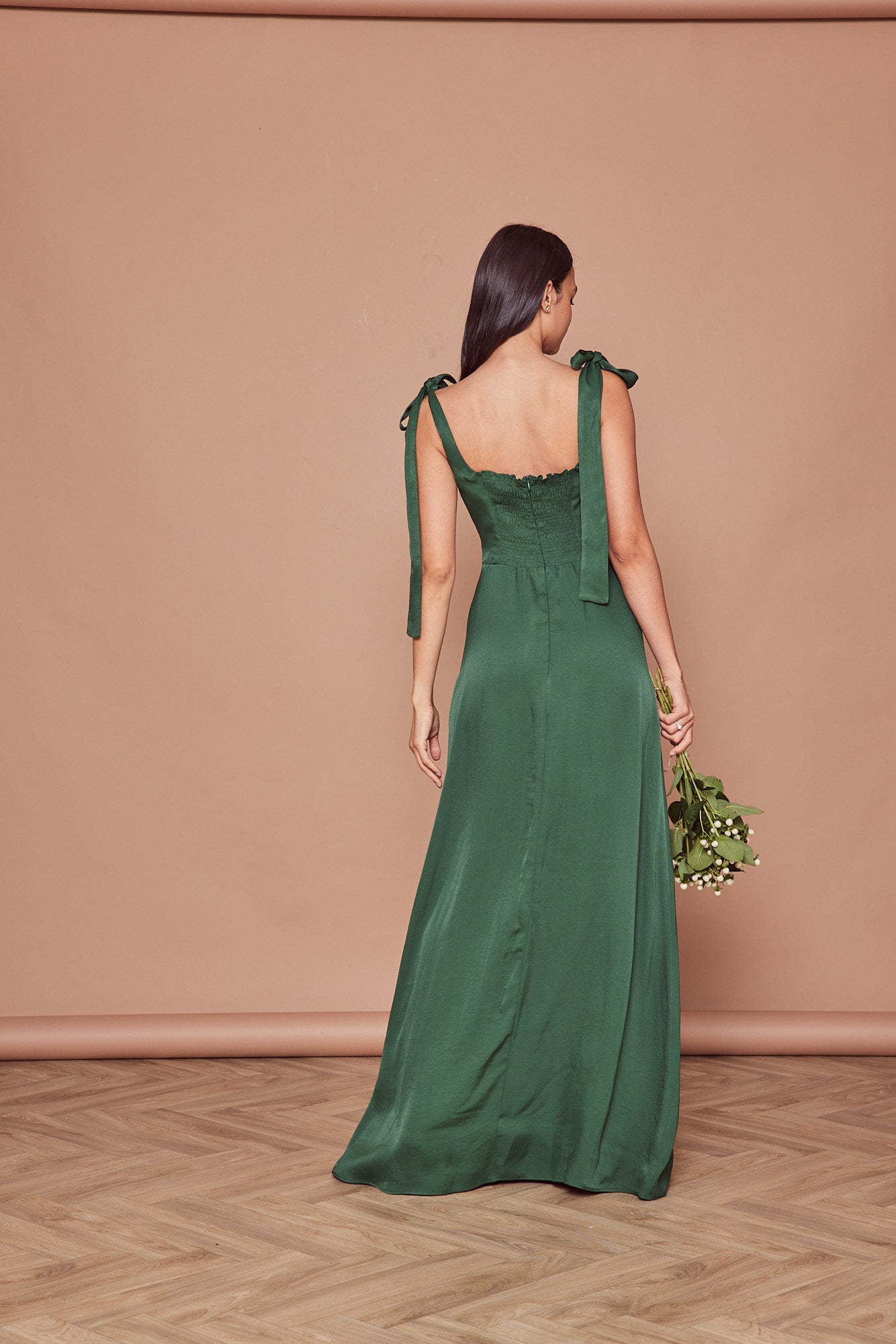 Allegra Satin Tie Shoulder Dress - Forest Green - Maids to Measure