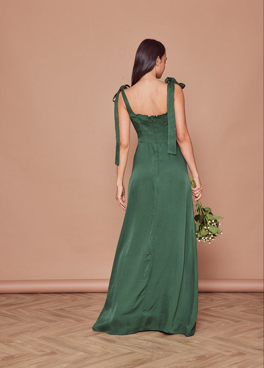 Allegra Satin Tie Shoulder Dress - Forest Green - Maids to Measure