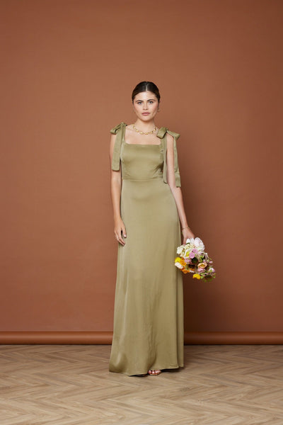 Allegra Satin Tie Shoulder Dress - Olive Green NEW - Maids to Measure