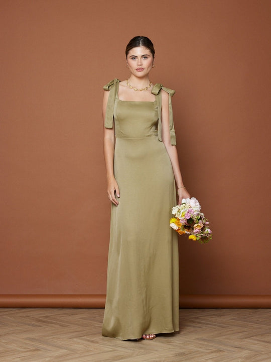 Allegra Satin Tie Shoulder Bridesmaid Dress - Olive Green - 8 / Olive Green