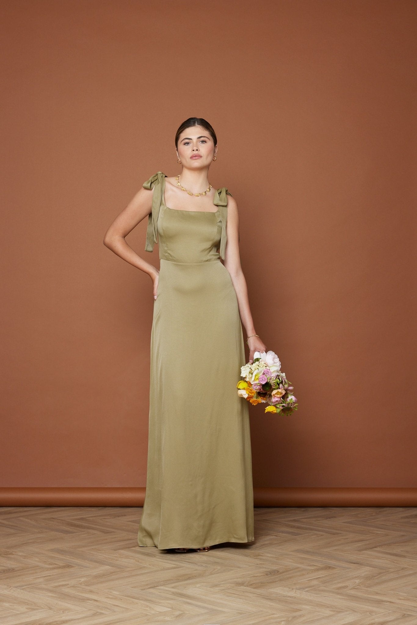 Allegra Satin Tie Shoulder Dress - Olive Green NEW - Maids to Measure