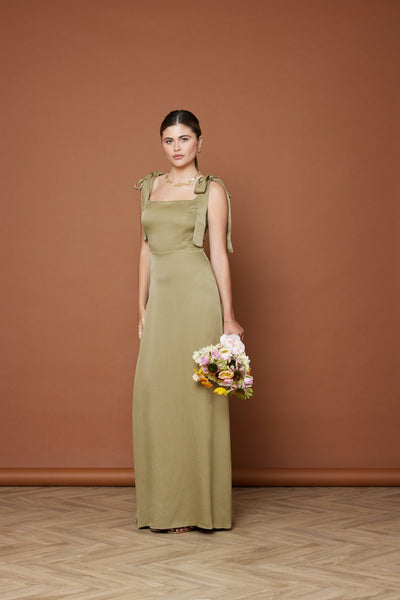 Allegra Satin Tie Shoulder Dress - Olive Green NEW - Maids to Measure