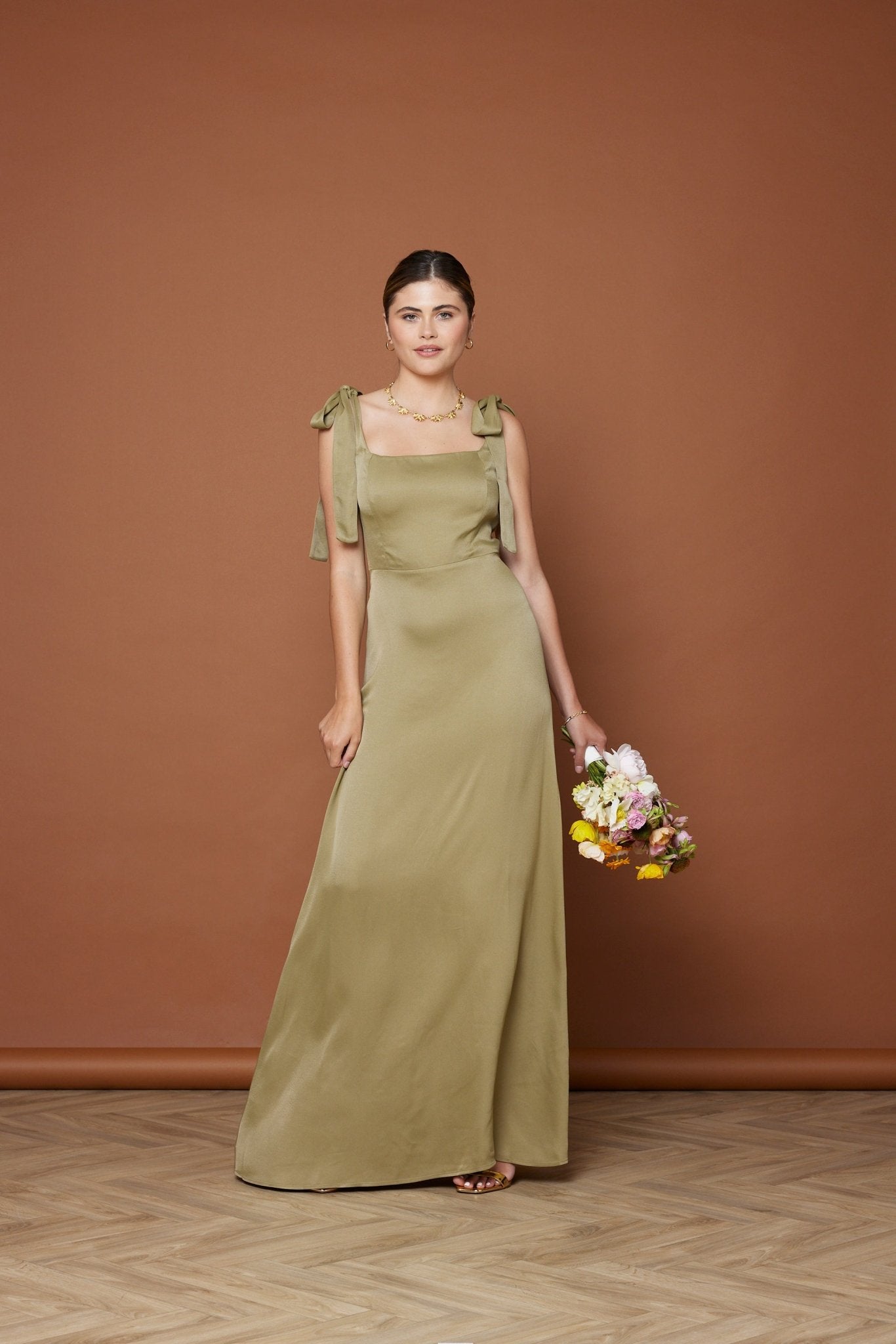 Allegra Satin Tie Shoulder Dress - Olive Green NEW - Maids to Measure