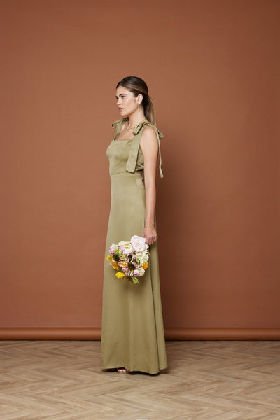 Allegra Satin Tie Shoulder Dress - Olive Green NEW - Maids to Measure