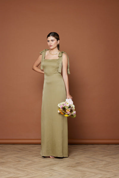 Allegra Satin Tie Shoulder Dress - Olive Green NEW - Maids to Measure