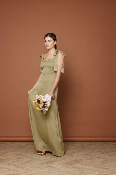 Allegra Satin Tie Shoulder Dress - Olive Green NEW - Maids to Measure