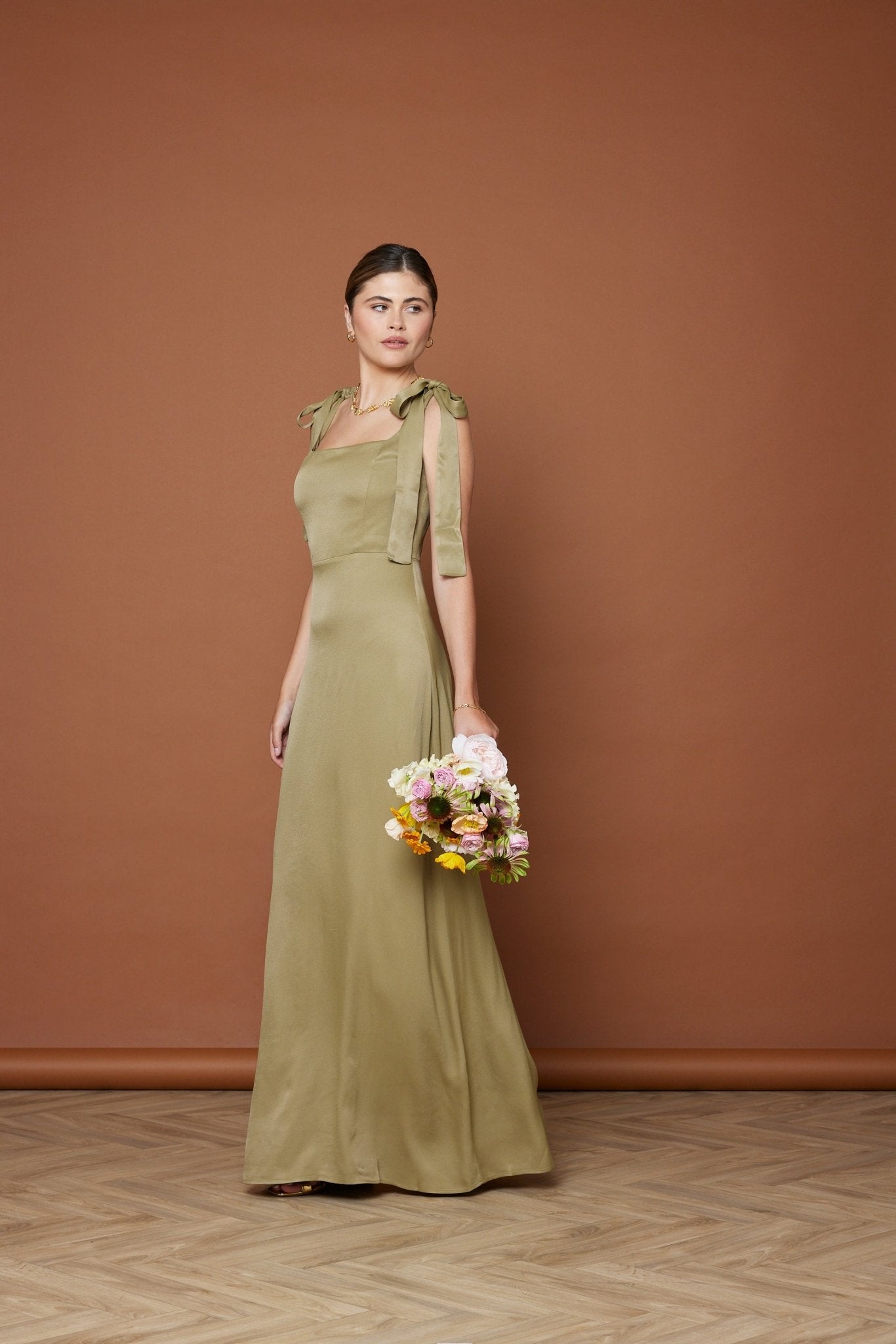 Allegra Satin Tie Shoulder Dress - Olive Green NEW - Maids to Measure