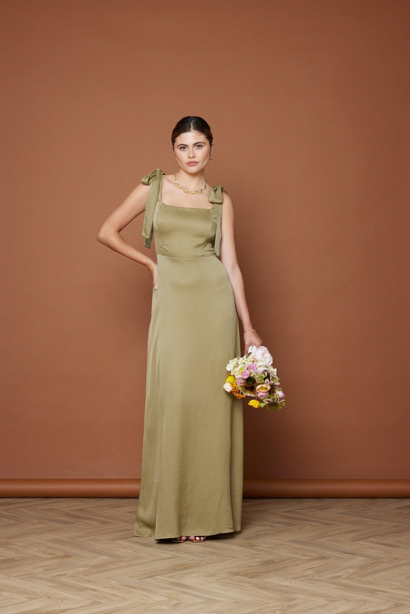 Allegra Satin Tie Shoulder Dress - Olive Green NEW - Maids to Measure