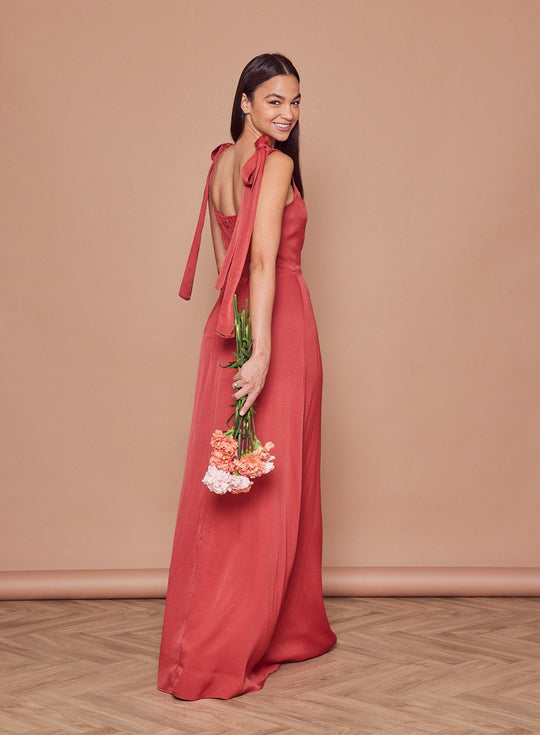 Allegra Satin Tie Shoulder Dress - Rust - Maids to Measure