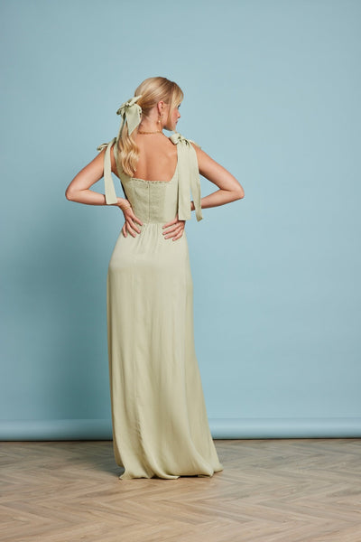 Allegra Satin Tie Shoulder Dress - Sage Green - Maids to Measure