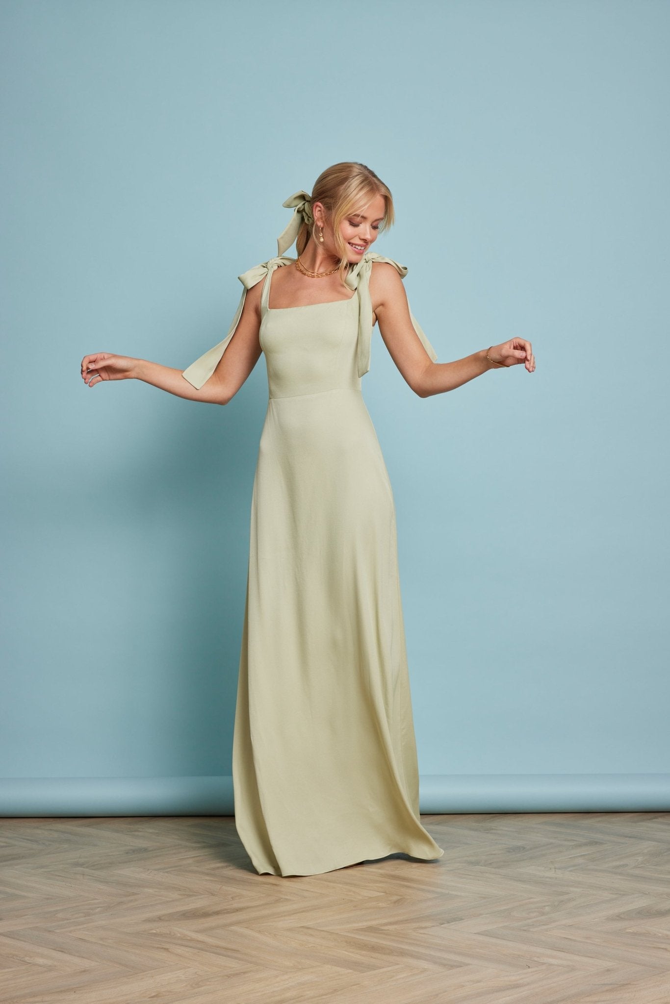 Allegra Satin Tie Shoulder Dress - Sage Green - Maids to Measure