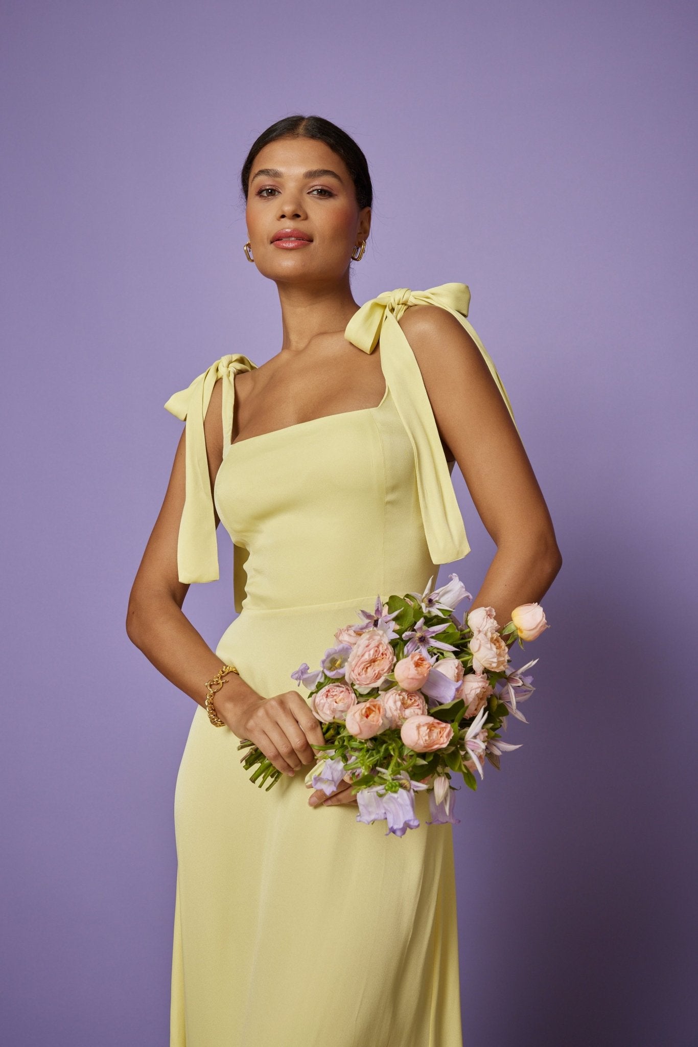 Allegra Satin Tie Shoulder Dress - Yellow NEW - Maids to Measure