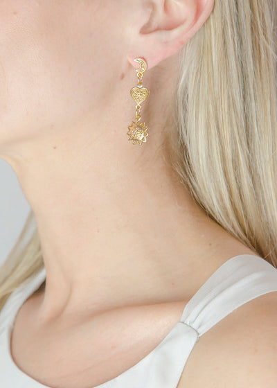 Celestial Moon, Heart and Sun Drop Earrings - Maids to Measure