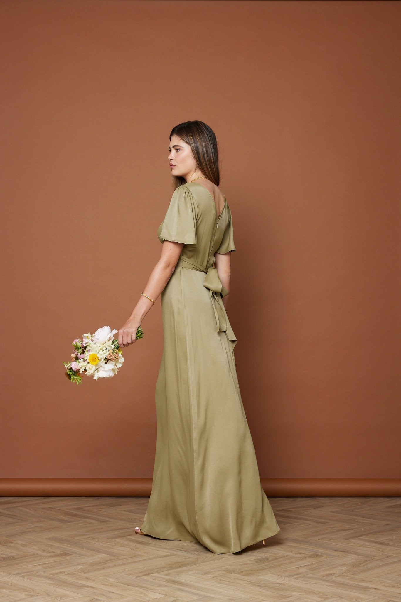 Cleo Satin Dress - Olive Green NEW - Maids to Measure
